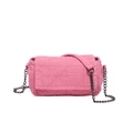 Pink denim crossbody bag with quilted stitching and a silver-tone metal chain shoulder strap - Pink