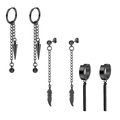 Set of 3 pairs of black stainless steel earrings with cone, feather and bar charms - Set 18 (Black - Spike Hoop/Feather Stud/Bar Hoop)