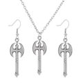 Silbernes Wikinger-Streitaxt-Schmuckset mit Halskette und Ohrringen mit nordischen Mustern - Antiksilber Doppelachs (S174)