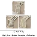 Set van drie beige katoenen sokken met schattig borduursel van beren en dalmatiërs - 3 Paar - Zwarte Beer + Gestreepte Dalmatiër + Dalmatiër