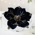 Navy blue velvet artificial Christmas magnolia flower with silver glitter and 15cm stem - Navy Blue