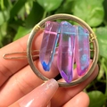 Handmade gold circular hair clip with gradient pink and blue crystal quartz stones - Gold Circle Pink Blue Crystal Column