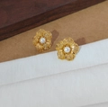 Elegant gold-plated flower stud earrings with a central white pearl on a textured background - Style S (Flower Pearl) / Gold