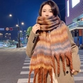 Thick gradient plaid scarf with fringe, autumn brown and orange winter neck warmer - Striped Maple Leaf Red