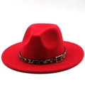 Red wool felt jazz fedora hat with leopard print band and golden buckle detail - M(56-58cm) / Red