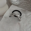 Minimalist silver geometric metal hair tie with black elastic on stone background - 00605-Cross Ring-Silver