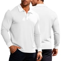 Men's waffle knit long sleeve Polo shirt in white color with front and back view - White