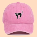 Pink washed cotton baseball cap featuring exquisite black cat embroidery for outdoors - Pink