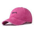 Close-up of HELLO embroidery on washed rose pink cotton baseball cap with vintage texture - Rose Red