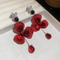 Elegant red floral fringe earrings with metallic mesh petals and crystal stud drop - 63# Silver Earring Post - Red