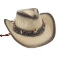 Detailed close-up of a bohemian straw cowboy hat with turquoise bead and tassel decor - Beige Black (Ethnic Style)