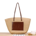 Large beige woven straw tote bag with brown leather patch and shoulder straps - Camel