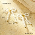 Elegant pearl bow earrings in gold finish, measuring 4.2cm by 3.0cm, weight 2.9g - Simple Pearl Bow Hanging Style (NMSE-D434-1)