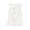 Detail of white sleeveless tie-front top with ruffled hem and drawstring closure - S / White Top