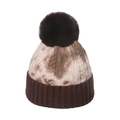 Detail of winter cable knit beanie with brown tie-dye pattern and large faux fur pompom - M (56-58cm) / Brown
