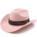 Dettaglio cappello cowboy in camoscio rosa con nastro ricamato e fibbia in bronzo - M (56-58cm) / Rosa