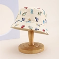 Beige cotton kids bucket hat with colorful cartoon vehicle prints on wooden stand - Kids One Size / Beige (Vehicles)