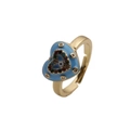 Macro detail of gold plated heart ring featuring blue enamel and zircon evil eye design - Adjustable Open / Blue