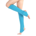 Detail of teal knitted leg warmers with vertical stripes and stirrup heel design - One Size / Lake Blue