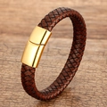 Brown braided leather bracelet for men with golden stainless steel magnetic clasp on wood - Brown Woven Leather With Gold Magnetic Clasp