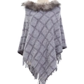 Gray plaid knit chenille poncho with a faux fur collar and fringed hem for women - 85*80CM / Gray