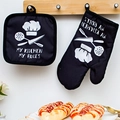 Black heat resistant kitchen glove and mat set with My Kitchen My Rules print - Black/My Kitchen My Rules