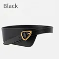 Women's black wide leather belt featuring a distinctive gold triangle metal buckle - Black