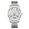 Detail view of ORUSS hollow mechanical watch with silver stainless steel strap and WR500M - 9-Bead Silver Strap Skeleton White Dial