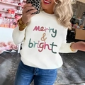 Felpa bianca a maniche lunghe da donna con stampa colorata merry & bright - Taglia S / Bianco