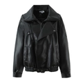 Detail of black faux leather biker jacket with lapels, zipper pockets and metal belt - S / Tops / Black