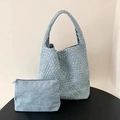 Light blue woven tote bag with matching coin purse featuring a premium braided design - Large 33cm / Light Blue