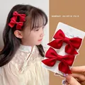Set of two cute red bow hair clips for girls in classic velvet style fabric - Handmade Bow (A1713) / 2 Pcs/Set / Red