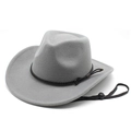Detail of gray wool felt cowboy hat with black braided band and adjustable wind rope - M(56-58cm) / Gray