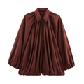 Deep brown puff sleeve poplin shirt with stand collar and front zipper detail - S / Reddish Brown