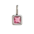 Polished silver square pendant featuring a faceted pink zircon birthstone gem - July Birthstone Pendant - Steel Color