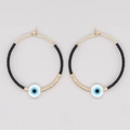 Bohemian gold hoop earrings with black beads and a blue evil eye lucky charm - Evil Eye Black Gold (MI-E220219A)