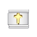 Detailed macro view of a silver Italian charm with a golden cross motif in steel - Gold Raised Cross-Y395