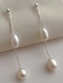 S925 silver long drop earrings with white freshwater pearls and delicate tassels - Ear Line-2 Pearls / Silver