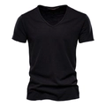 Detailed view of black V-neck t-shirt featuring natural slub cotton fabric texture - S / V-Neck / Black
