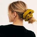 Oversized mustard yellow satin scrunchie with pleated texture on a high bun - Mustard Yellow (As Shown)