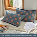 Denimblauwe 4-laags katoenen kussenslopen met oranje bloemen en elastische banden - Blauw Bloemen