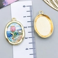 Golden oval flower pendant charm with pink tulip and pearl inlay, 2.5cm DIY craft supply - Light Blue Pearl Pink Rose-23577