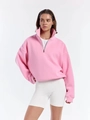 Pink half-zip sweatshirt with a relaxed fit and metal zipper on a studio model - S / Thin Style / Pink