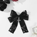 Detail of gothic black satin bow hair clip with silver safety pins and cross pendant - 9# Black Satin with Multiple Pins and Vintage Cross