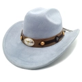 Detailed close-up of light blue felt cowboy hat with bull head silver buckles - M (56-58cm) / Sky Blue