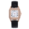 Macro detail of square rose gold watch with crystal bezel and black Roman numerals - Square Quartz Watch / Black