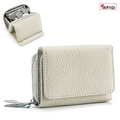 Mini portafoglio trifold in pelle beige con protezione RFID e ampio scomparto monete - Bianco Latte