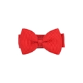 Close-up of red grosgrain ribbon bow hair clip with full fabric wrap for baby girls - Red