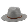 Detailed view of mid-grey straw fedora with brown leather band and gold buckle - M (56-58cm) / Gray
