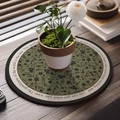 Round olive green floral leather absorbent mat with English decorative typography - French Vintage Style-O